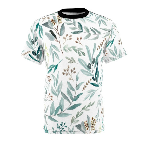 Boho-inspired t-shirt featuring a colorful watercolor pattern of eucalyptus leaves and floral elements