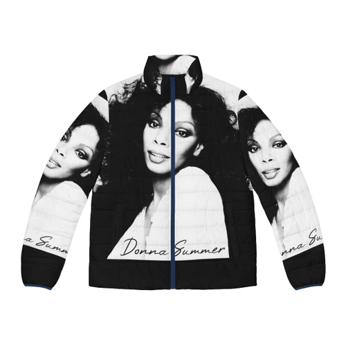 Donna Summer inspired retro puffer jacket featuring a vintage 70s 80s music vibe