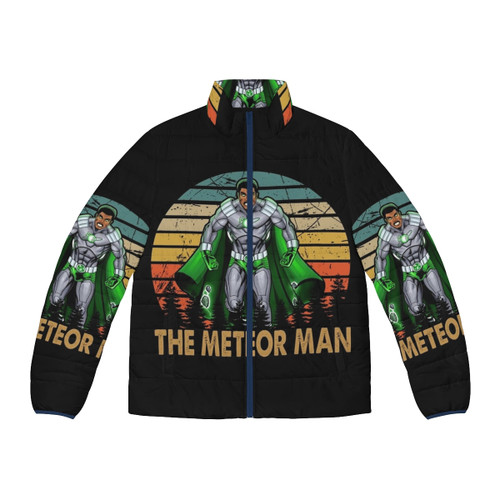 A puffer jacket featuring a superhero design from the comedy film The Meteor Man