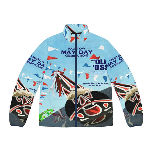 Padstow Cornwall May Day Oss Puffer Jacket featuring a colorful Cornish horse design