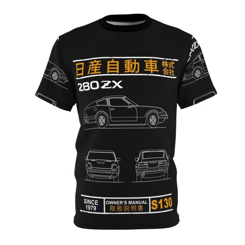 T-shirt featuring a blueprint-style illustration of a Datsun 280ZX sports car