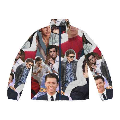 Tom Holland wearing a puffer jacket with a collage of Spider-Man images
