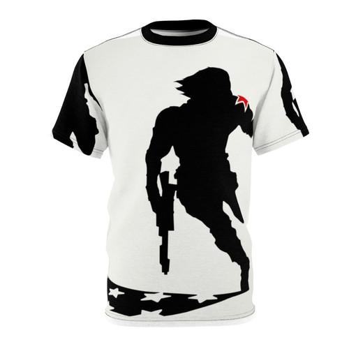 An artistic silhouette design featuring the iconic Winter Soldier character from the Marvel universe