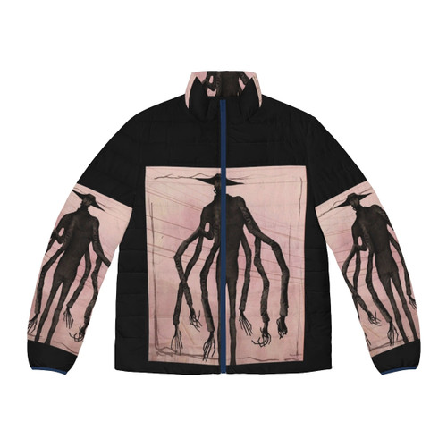 Warm and fashionable puffer jacket featuring a "Doctor Nowhere Found" photograph print