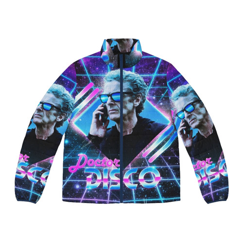 Retro 80s inspired 12th doctor puffer jacket with neon colors and disco style
