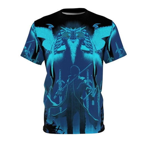 Stylish blue king gaming t-shirt with demonic designs and devil may cry inspired graphics