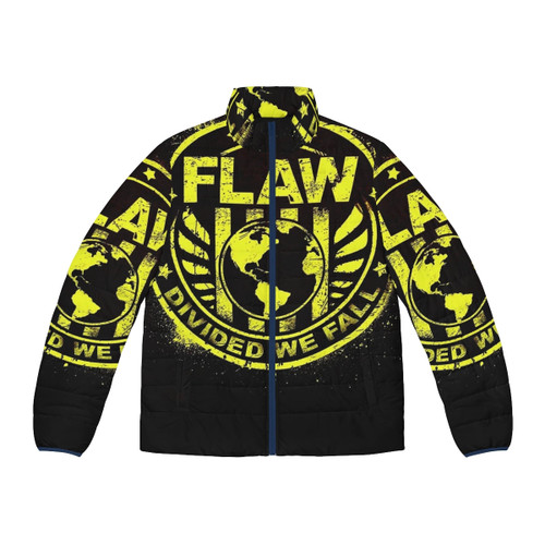 A person wearing the Divided We Fall Flaw Puffer Jacket, a warm and fashionable winter coat.