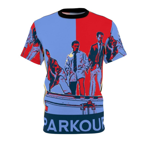 "Parkour-inspired all-over print t-shirt featuring references to The Office characters and comedy"