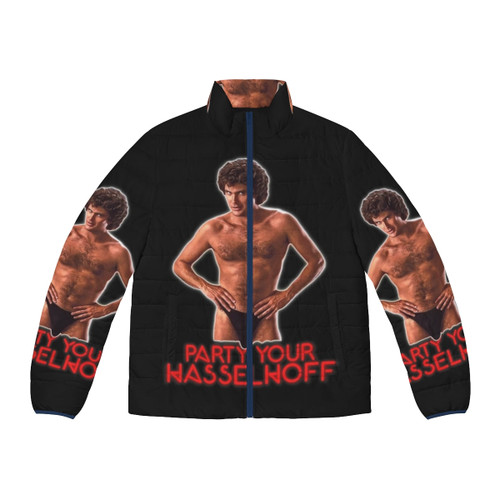 Retro puffer jacket featuring a David Hasselhoff design, inspired by the 80s TV show Knight Rider.