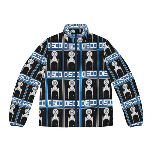 Retro disco puffer jacket with disco ball and music notes design