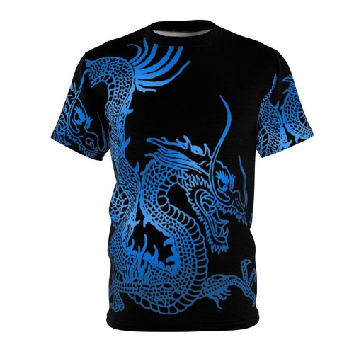 Closeup of a detailed blue dragon design printed on a high-quality t-shirt