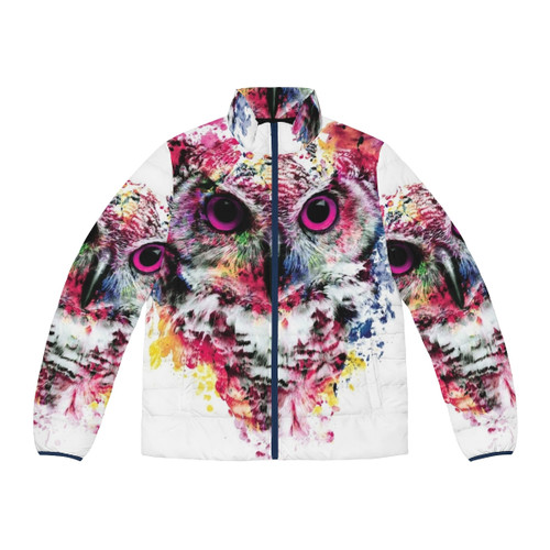 Vibrant Owl Puffer Jacket with Colorful Abstract Bird Art Design