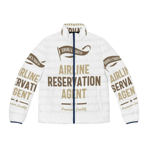Airline reservation agent wearing a puffer jacket with profession-related typography