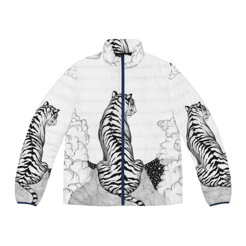 Tiger Moon Puffer Jacket featuring an animal drawing of a tiger against a night sky with a full moon