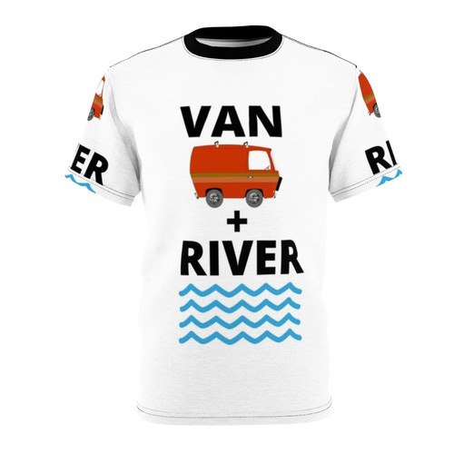 Funny van-themed t-shirt design with a nod to Chris Farley's iconic "Live in a Van Down by the River" sketch from SNL.
