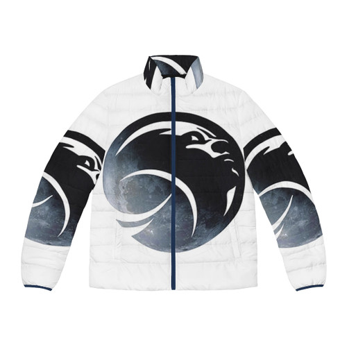 Woman wearing NASA Artemis Program puffer jacket with mission logo