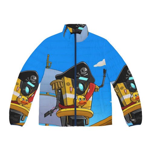 Borderlands Minion Puffer Jacket featuring the iconic Claptrap robot in a pirate design