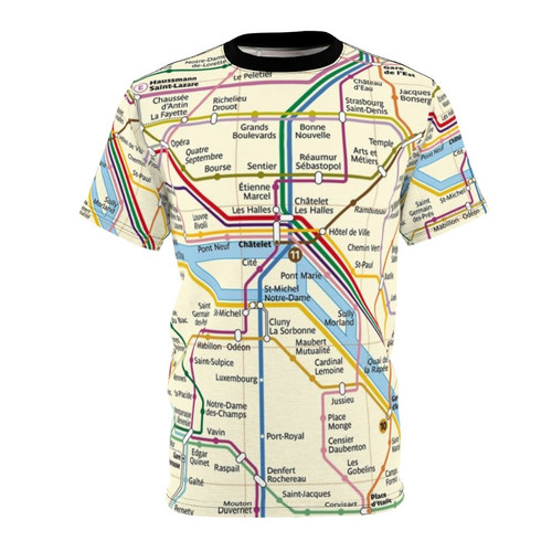 Stylish t-shirt featuring a colorful, abstract graphic design of the Paris metro map.