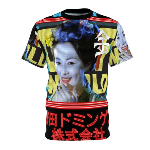 A t-shirt featuring a neon blimp design with a futuristic, sci-fi inspired aesthetic reminiscent of the Blade Runner universe.