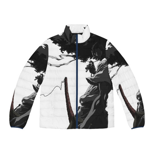 Afro Samurai themed puffer jacket with black and white design and Japanese inspired graphics