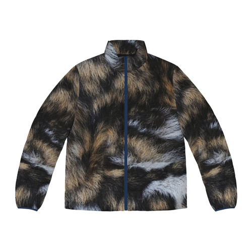 African wild dog fur puffer jacket with animal print design