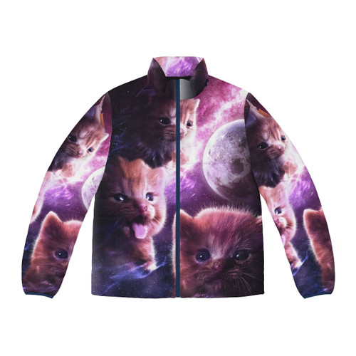 Three-headed puppy puffer jacket with a design inspired by Cerberus from the video game Hades