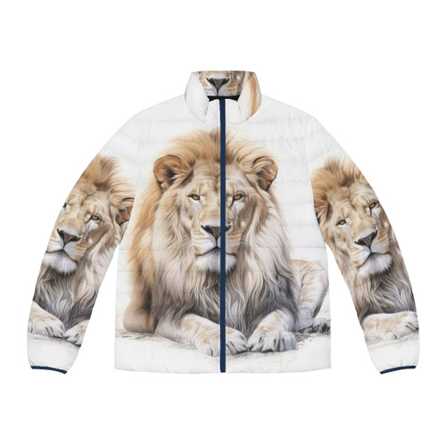 African lion wearing a puffer jacket with wildlife nature designs