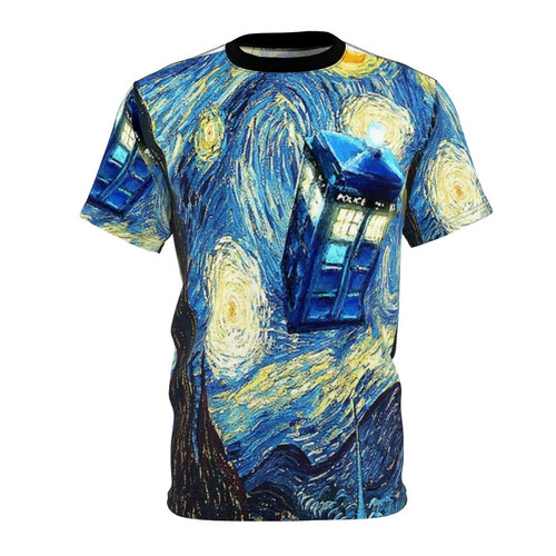 "Artistic t-shirt design featuring Van Gogh-inspired space and time travel imagery"