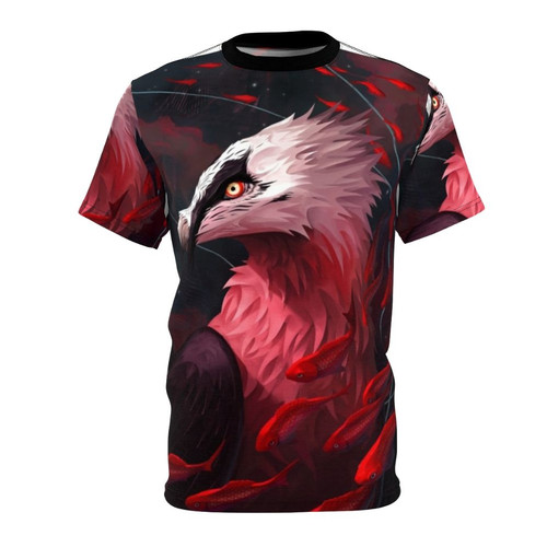 Halcyon AOP T-shirt featuring a vibrant graphic design of a bearded vulture and koi fish