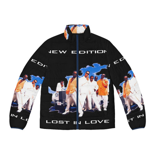 Retro-inspired puffer jacket with cartoon print design