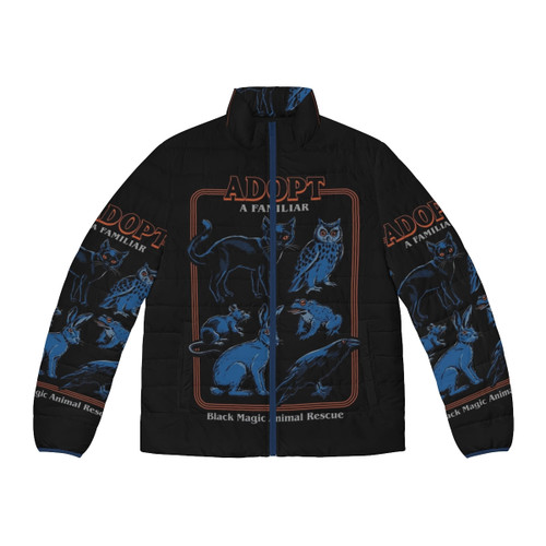 Vintage puffer jacket with a witchcraft and horror-inspired design featuring various animal familiars