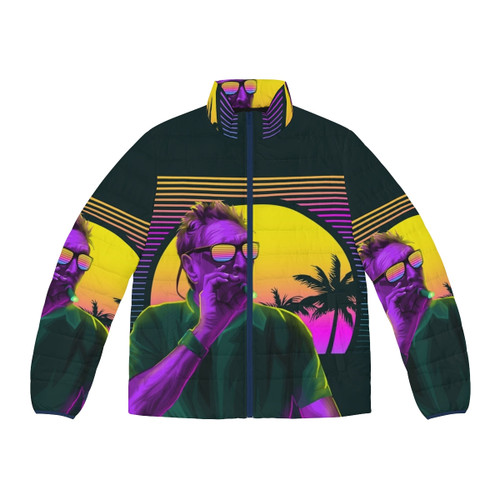 The Oils Tribute Orange Puffer Jacket featuring the iconic Midnight Oil logo