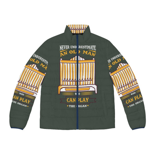 Organist wearing a puffer jacket with an organist quote art design