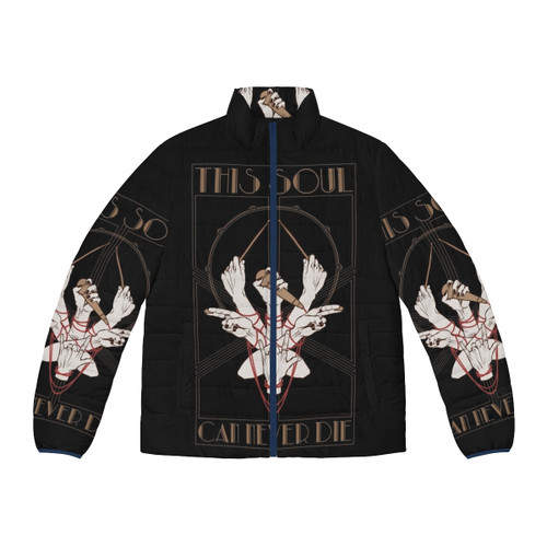 Occult-inspired puffer jacket with The Gazette visual kei band design