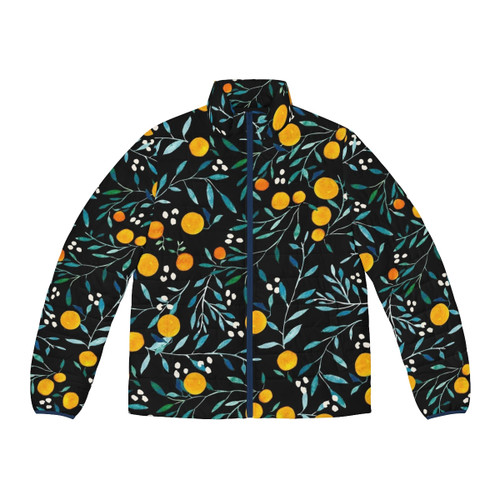 Oranges on black puffer jacket with watercolor floral pattern