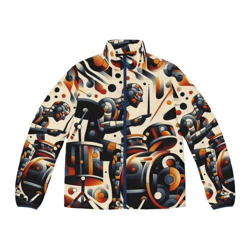 Abstract music puffer jacket featuring a wild drummer design
