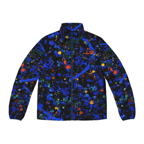 Abstract bat puffer jacket with colorful, mythical creature design