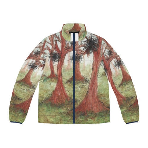 A puffer jacket with a whimsical, abstract landscape design featuring trees, greenery, and a touch of fantasy.