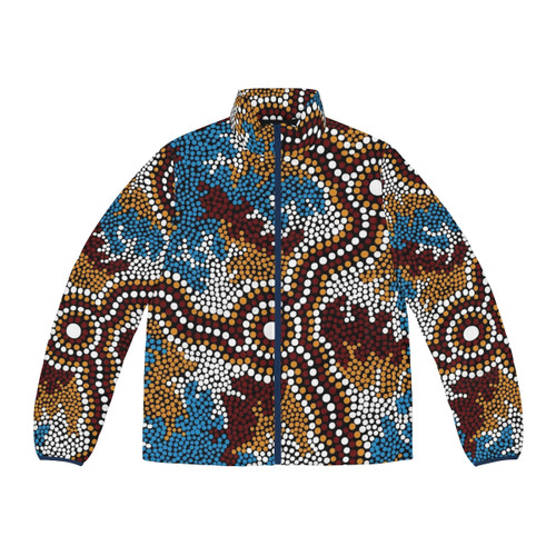 Authentic Aboriginal Art Wetland Dreaming Puffer Jacket featuring traditional indigenous Australian art design and wildlife