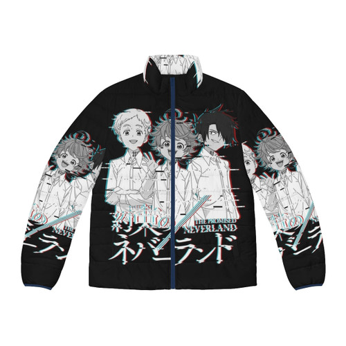 Neverland Glitch Puffer Jacket featuring a dark, glitched-out design inspired by the hit anime The Promised Neverland