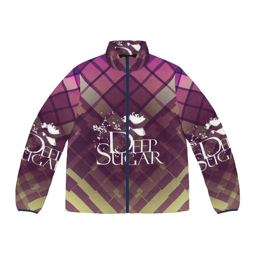 Dark teal puffer jacket with abstract geometric pattern