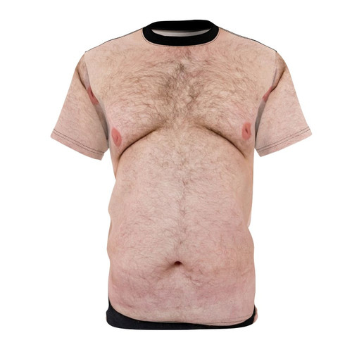 A hairy-chested, chubby man wearing a graphic t-shirt with a funny design