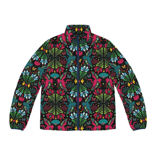 Monochrome geometric puffer jacket with an abstract pattern