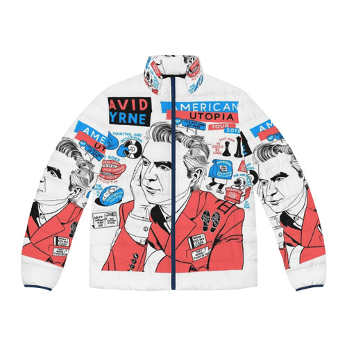 David Byrne wearing a stylish puffer jacket from the American Utopia tour