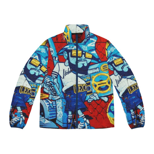 Vintage-inspired puffer jacket with retro graffiti design
