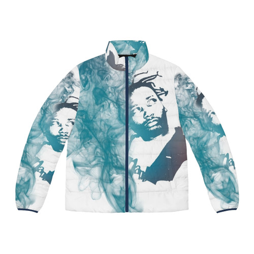 Ol Dirty Bastard portrait puffer jacket with smoke effect design
