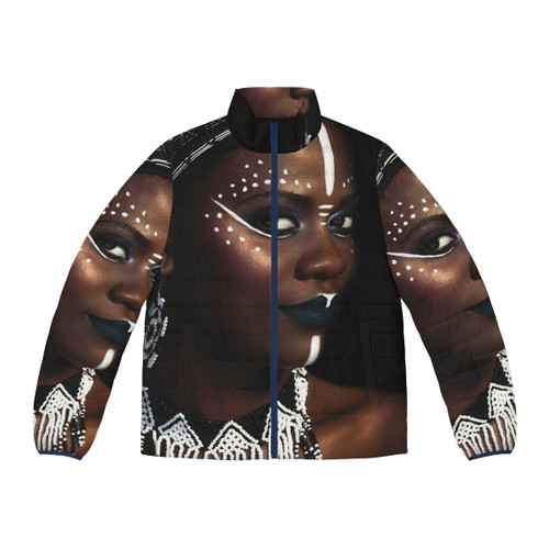 A stylish African-inspired puffer jacket with a regal, tribal design