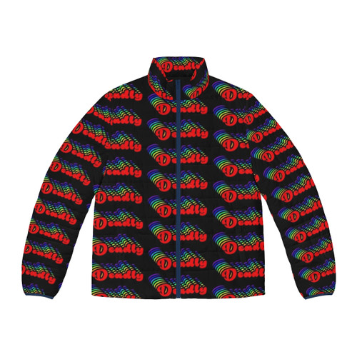Puffer jacket with comic book superhero design