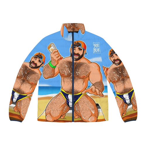 Puffer jacket featuring a teddy bear design in rainbow colors, representing gay pride and LGBTQ+ identity.