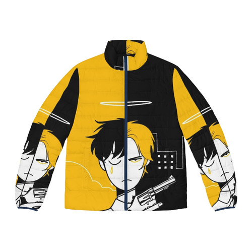 Puffer jacket with "A Perfect Day" design, featuring characters from the anime series Banana Fish
